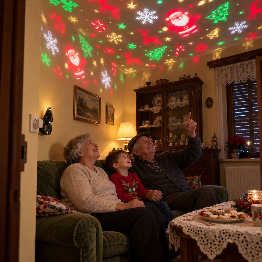 Ilustrativna fotografija: Baka, djed i unuk na kauču ispod stropa punog božićnih motiva.